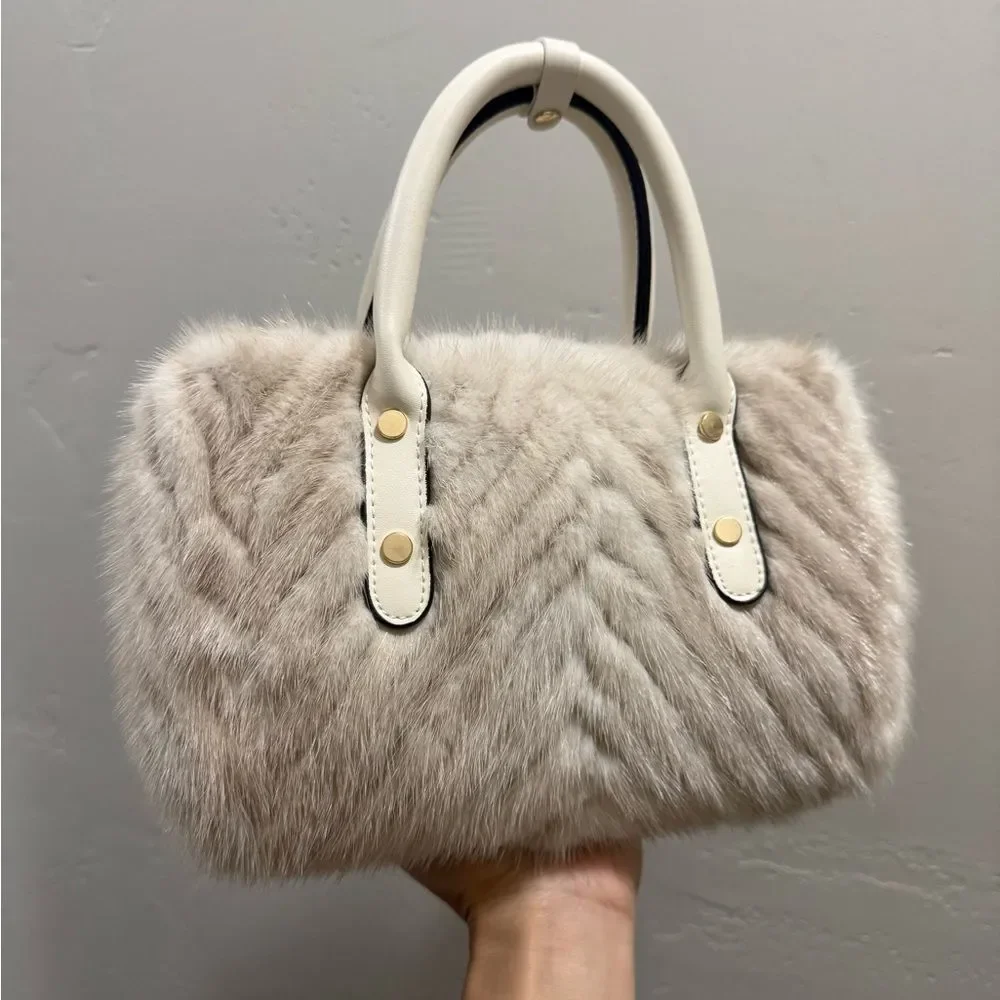 Ivory Real Mink Fur & Leather Handles Handmade Boston Bag & Mink Fur Bag Charm